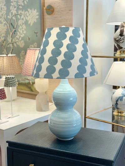 Lacey Ceramic Table Lamp in Ice Blue paired with blue full circle lampshade