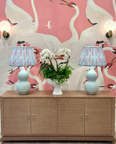 Lacey Ceramic Table Lamps in Ice Blue paired with Peter Dunham Kashmir Paisley Red/Blue Lampshades