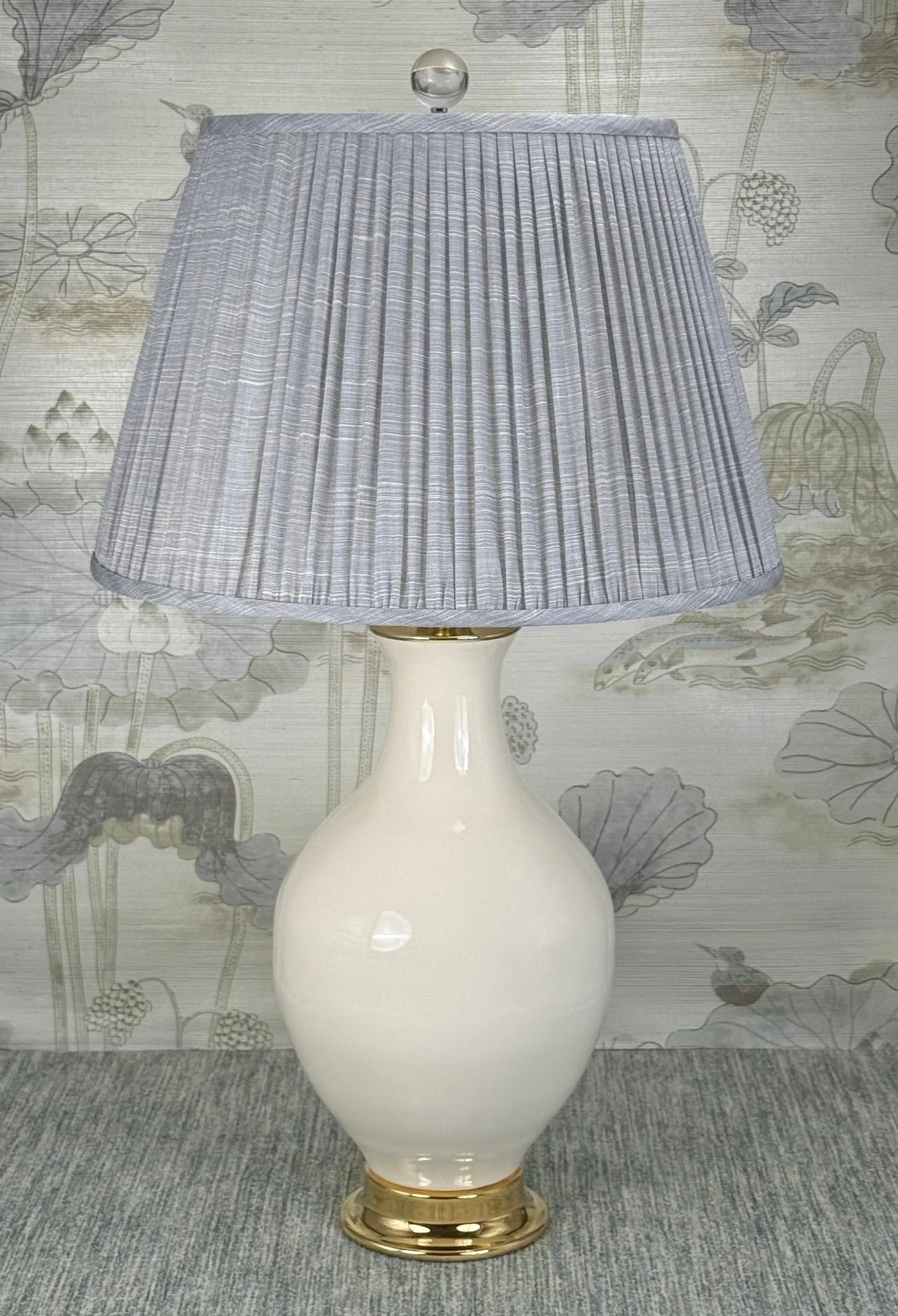 Large Clear Crystal Ball Finial in Polished Nickel styled with a Fermoie strie lampshade on a Paul Schneider Athens ceramic lamp