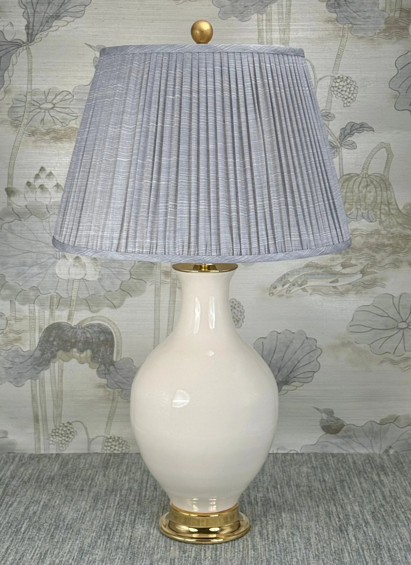 Large Gold Gilded Ball lamp finial styled with a Fermoie strie lampshade on a Paul Schneider Athens ceramic lamp