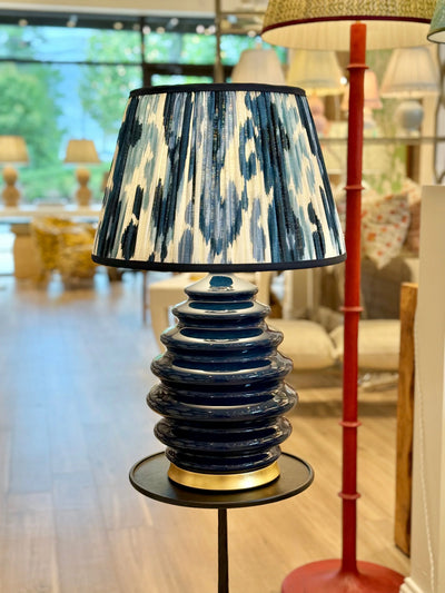 Light Blue, Navy & White Ikat Lampshade with Navy Trim