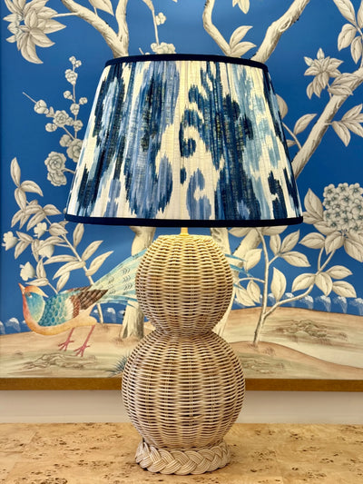 Light Blue, Navy & White Ikat Lampshade with Navy Trim