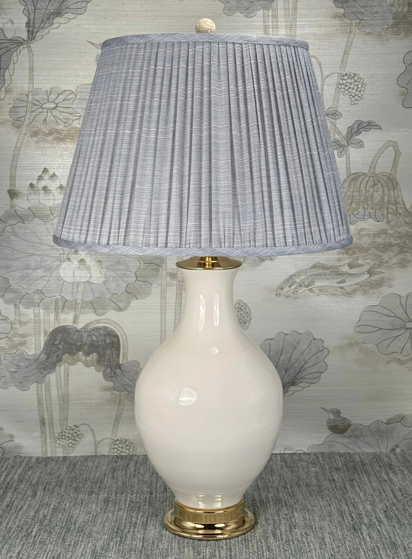 Long Life Bead White lamp finial styled with a Fermoie strie lampshade on a Paul Schneider Athens ceramic lamp