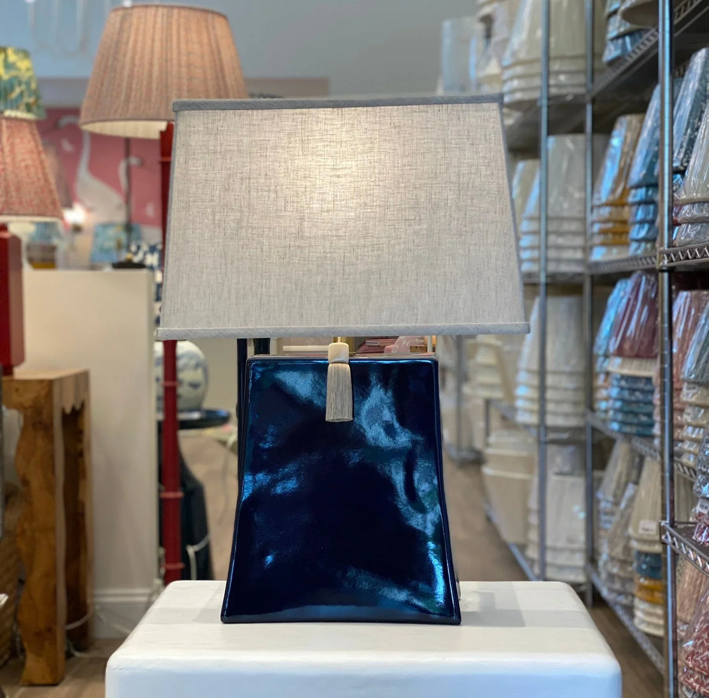 Navy rectangle lamp and linen lamshade