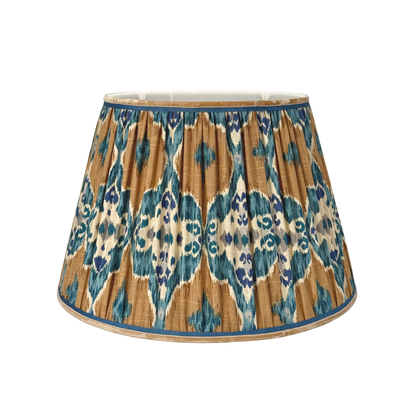 Majorca Blue, Brown & Ivory Ikat Lampshade with Velvet & Grosgrain Trim