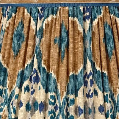 Majorca Blue, Brown & Ivory Ikat Lampshade with Velvet & Grosgrain Trim Close Up fabric