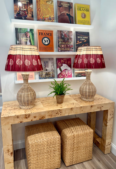 Maroon & Beige Sari Lampshade with Gold Silk Trim on Whitehaven Rattan Table Lamps