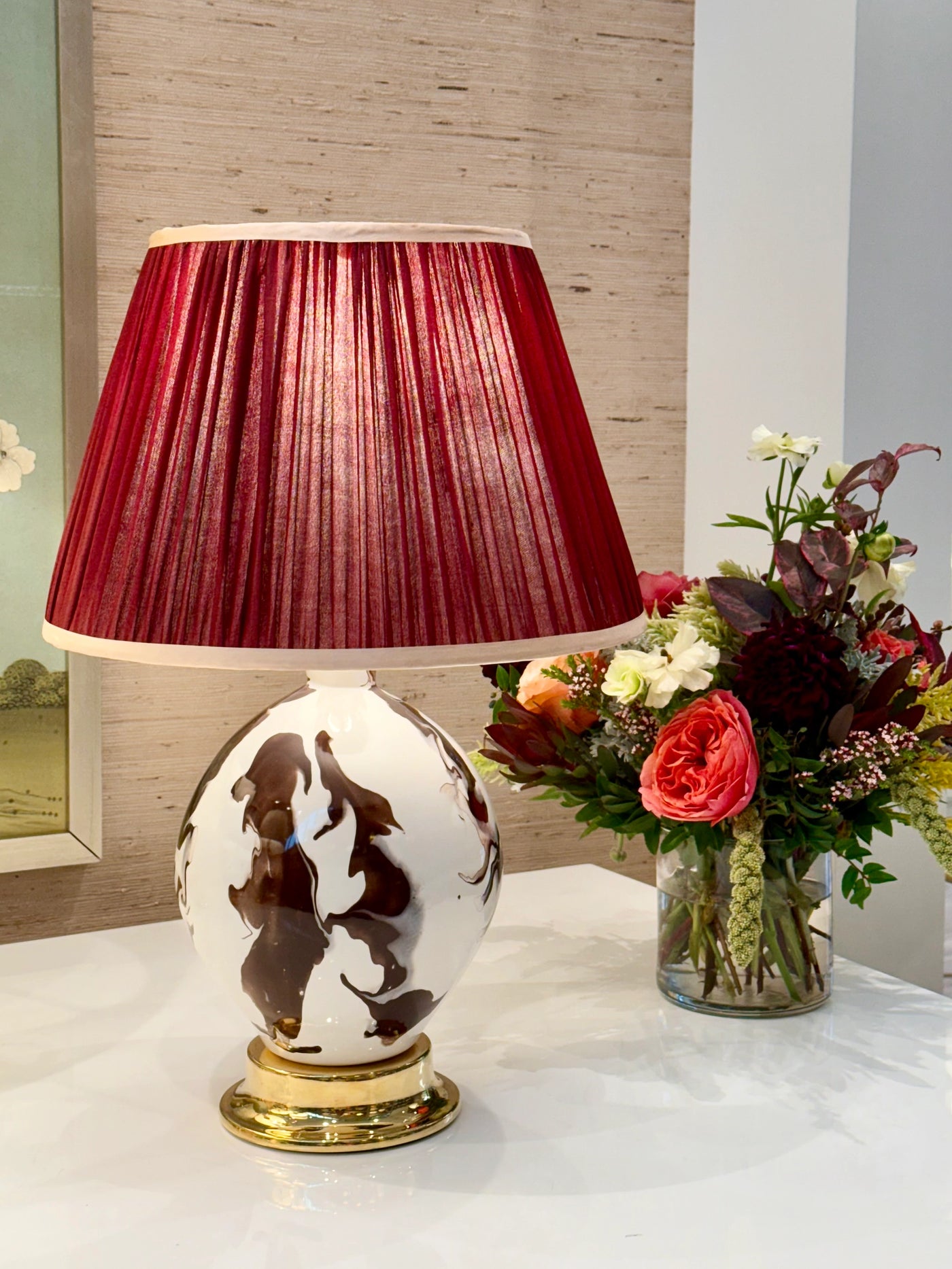 Maroon & Beige Sari Lampshade with Gold Silk Trim on paul maypearl lamp in brown