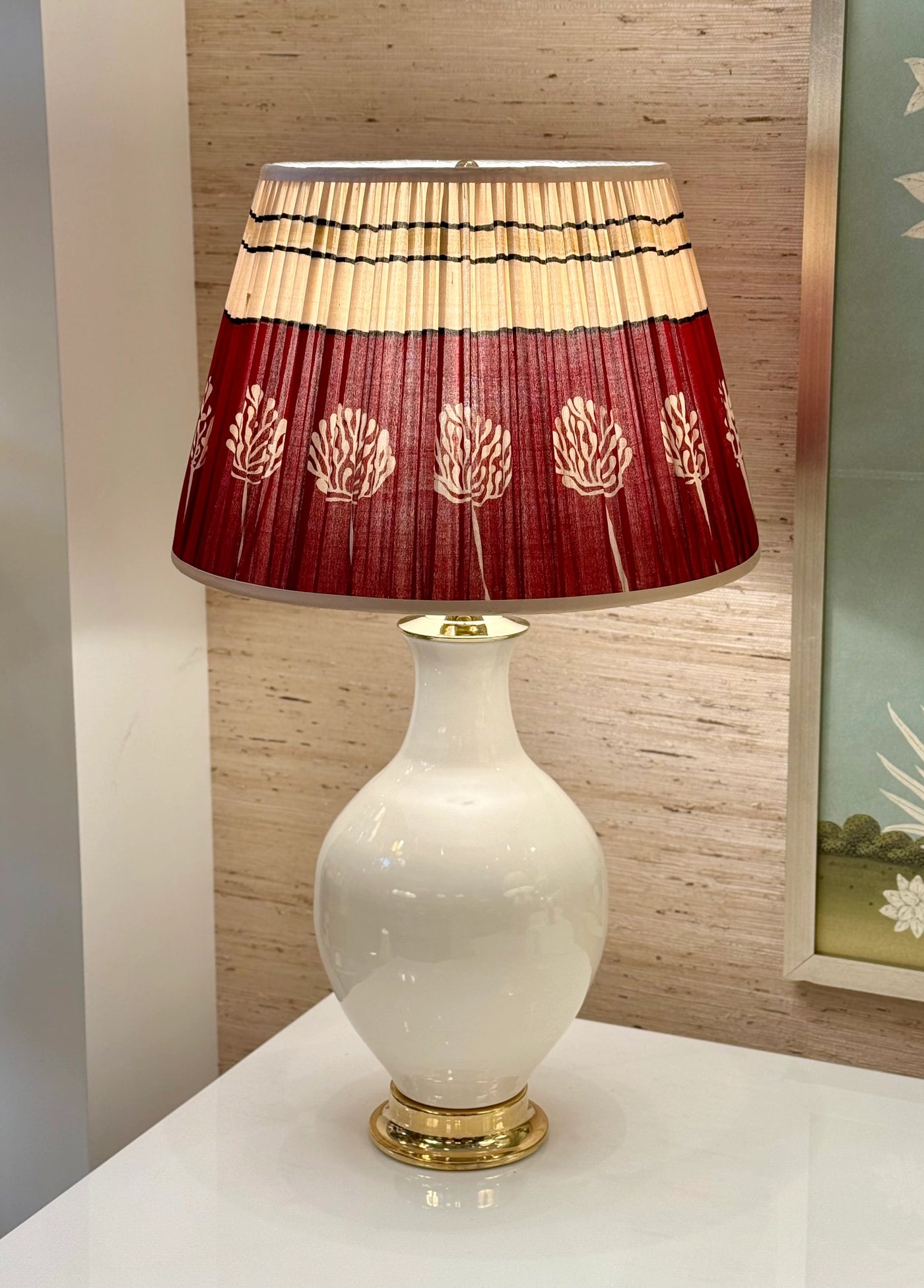 Maroon & Beige Sari Lampshade with Gold Silk Trim on Paul Schneider white athens lamp