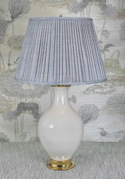 Mini Porcelain Blue and White lamp finial styled with a Fermoie strie lampshade on a Paul Schneider Athens ceramic lamp.