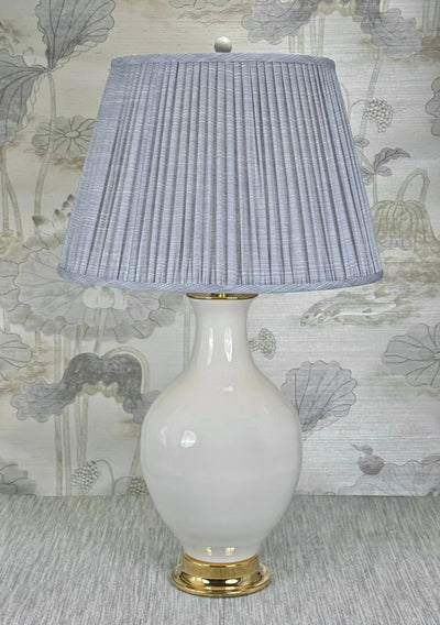 Mist Gray ceramic lamp finial styled with a Fermoie strie lampshade on a Paul Schneider Athens ceramic lamp.