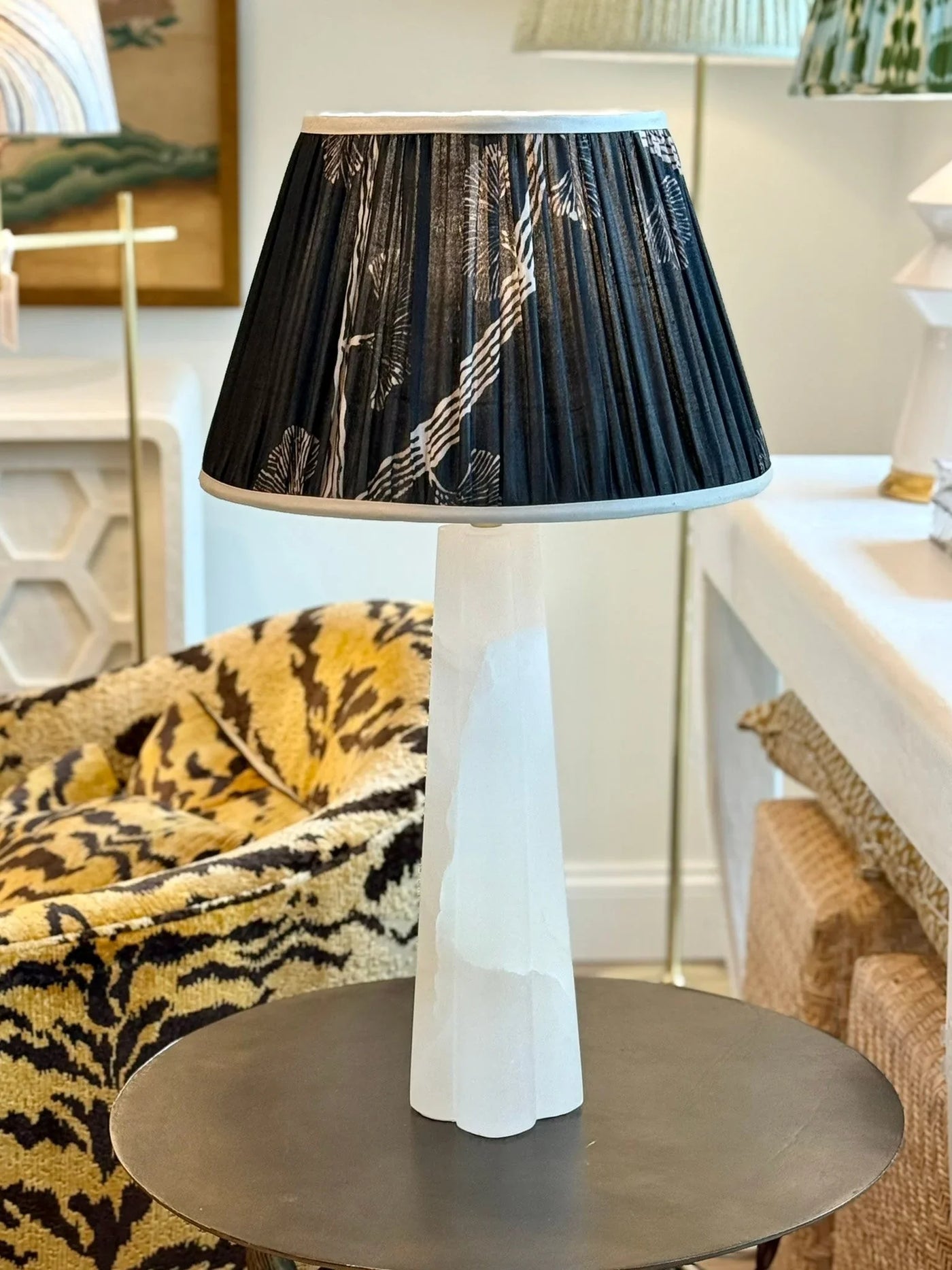 Navy & Beige Sari Lampshade with Champagne Silk Trim on quatrefoil alabaster table lamp