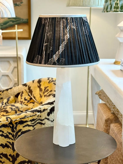 Navy & Beige Sari Lampshade with Champagne Silk Trim on quatrefoil alabaster table lamp