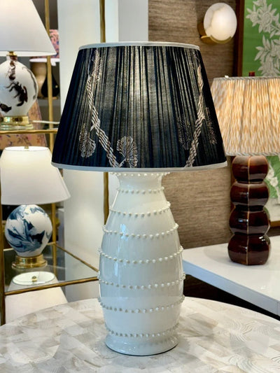 Navy & Beige Sari Lampshade with Champagne Silk Trim on white spitzy table lamp