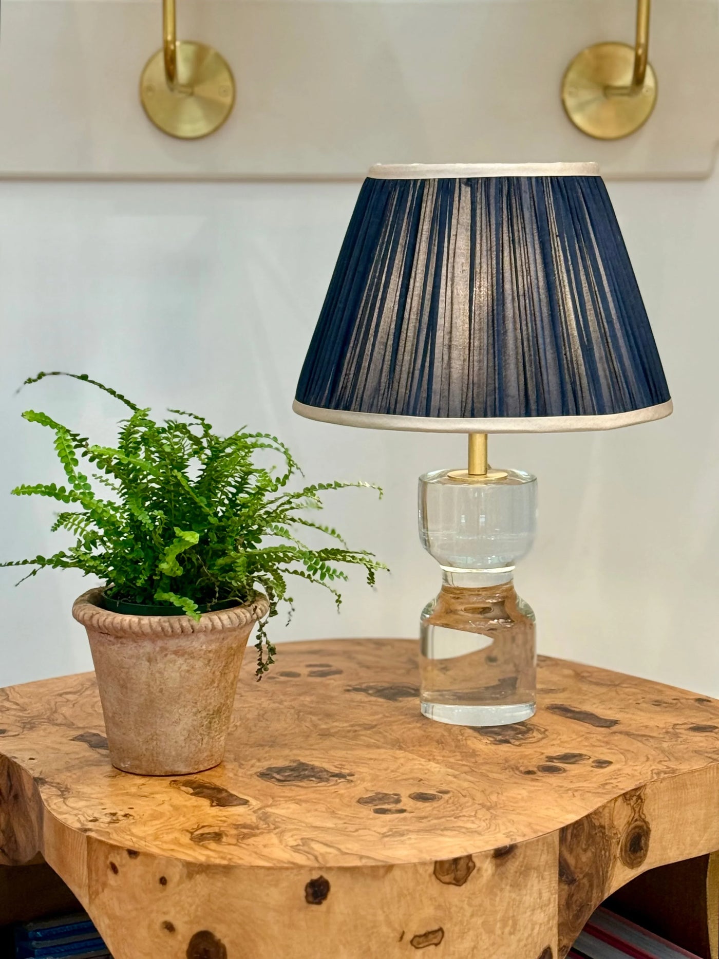 Navy Sari Lampshade with Champagne Silk Trim on small joan crystal lamp