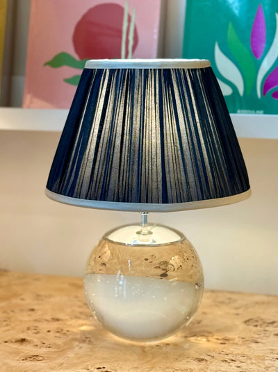 Navy Sari Lampshade with Champagne Silk Trim on Terri round crystal lamp