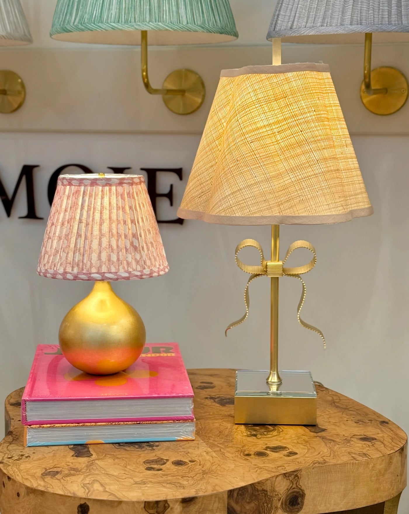 Out Scallop Raffia Hardback Lampshade on Ellery Gros-Grain Bow Table Lamp and Warren Mini Table Lamp