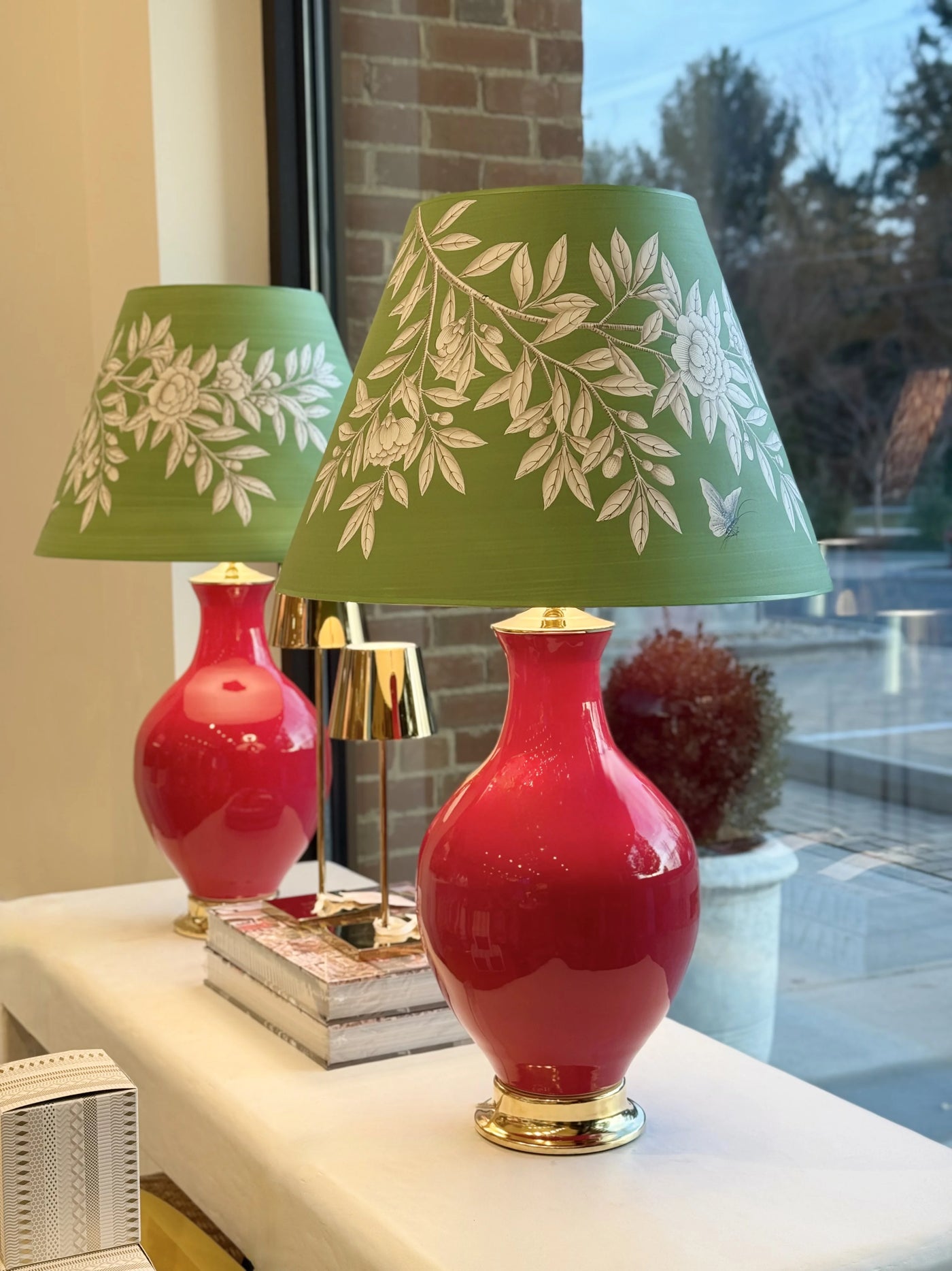 Paul Schneider Athens Lamp in Glossy Fire Red paired with Gracie - Handpainted Greenfield Paper Lampshade
