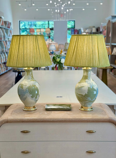 Paul Schneider Athens Lamp in Glossy Nile Green, Ivory & Fern Green Geode paired with Fermoie Kintyre lampshades