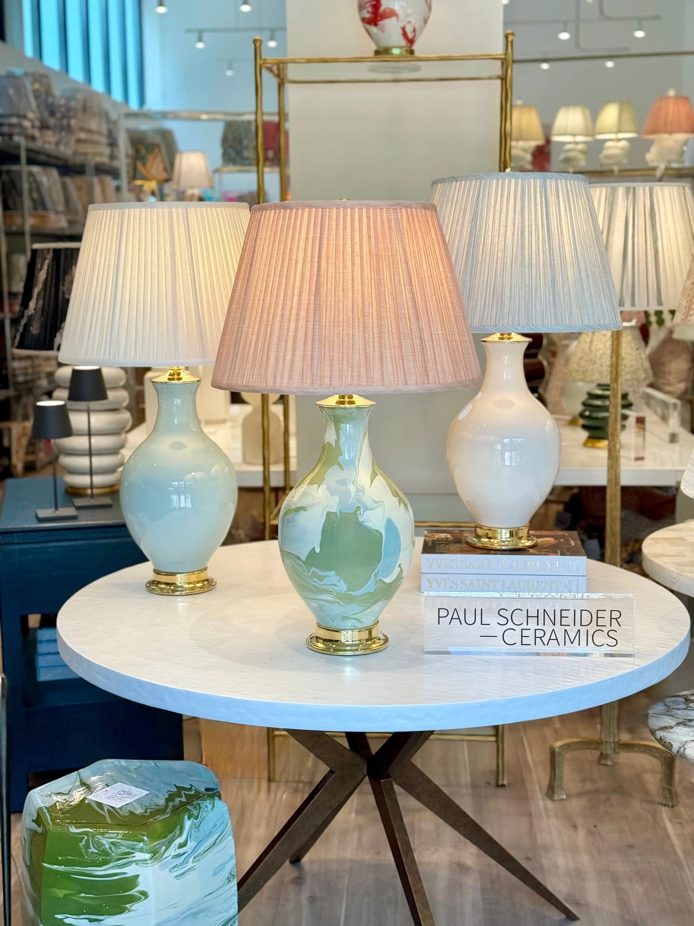 Paul Schneider Athens Lamp in Glossy Nile Green, Ivory & Fern Green Geode paired with fermoie lampshades 