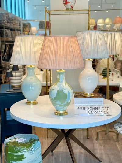 Paul Schneider Athens Lamp in Glossy Nile Green, Ivory & Fern Green Geode paired with fermoie lampshades 