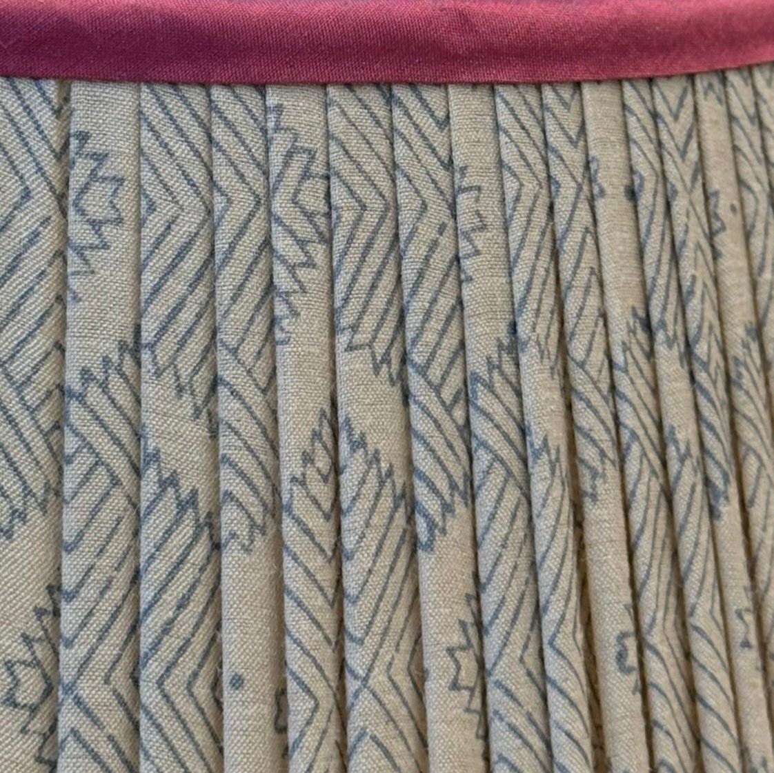 Penny Morrison Blue Diamond Geometric Pleated Silk Lampshade with Pink Trim