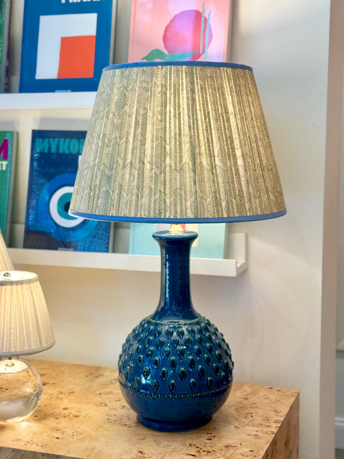 Penny Morrison Green Diamond Geometric Pleated Silk Lampshade with Blue Trim