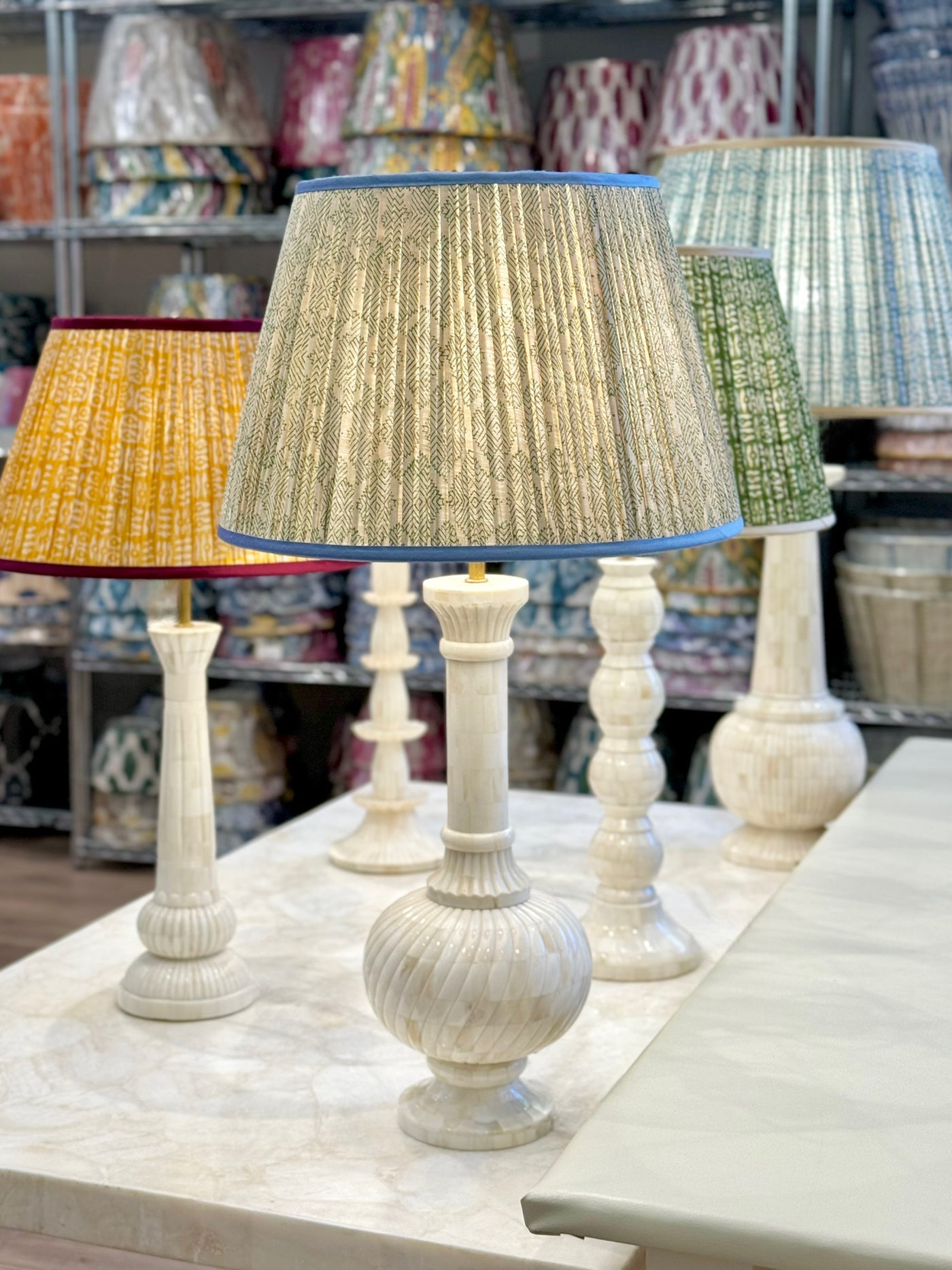 Penny Morrison Green Diamond Geometric Pleated Silk Lampshade with Blue Trim