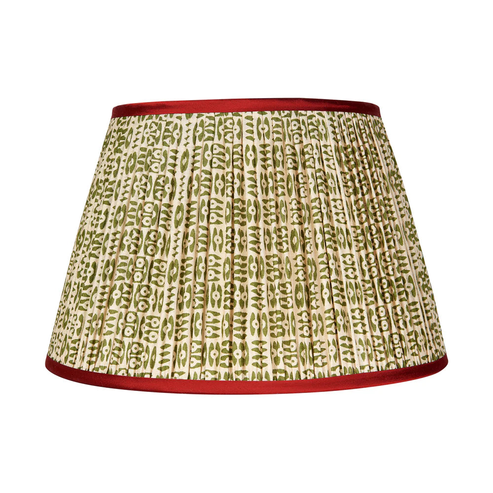Penny Morrison Green on White Tribal Pleated Silk Lampshade with Red Trim