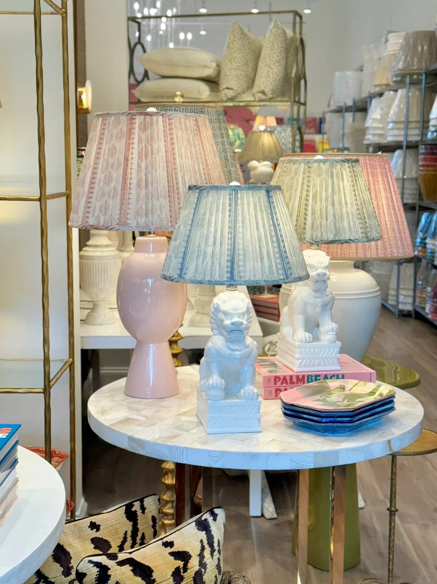 Shalimar Lampshades on Foo Dog Lamps and a Pink Lamp