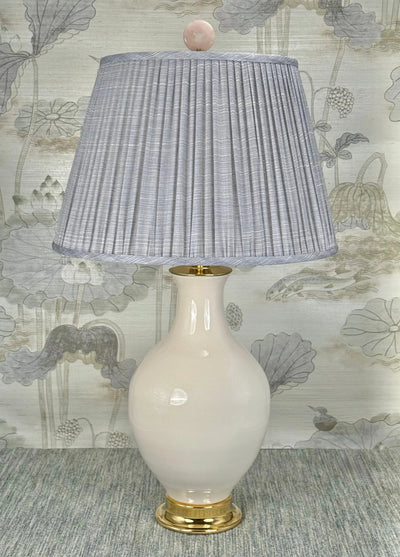 Pink Jade Coin lamp finial styled with a Fermoie strie lampshade on a Paul Schneider Athens ceramic lamp