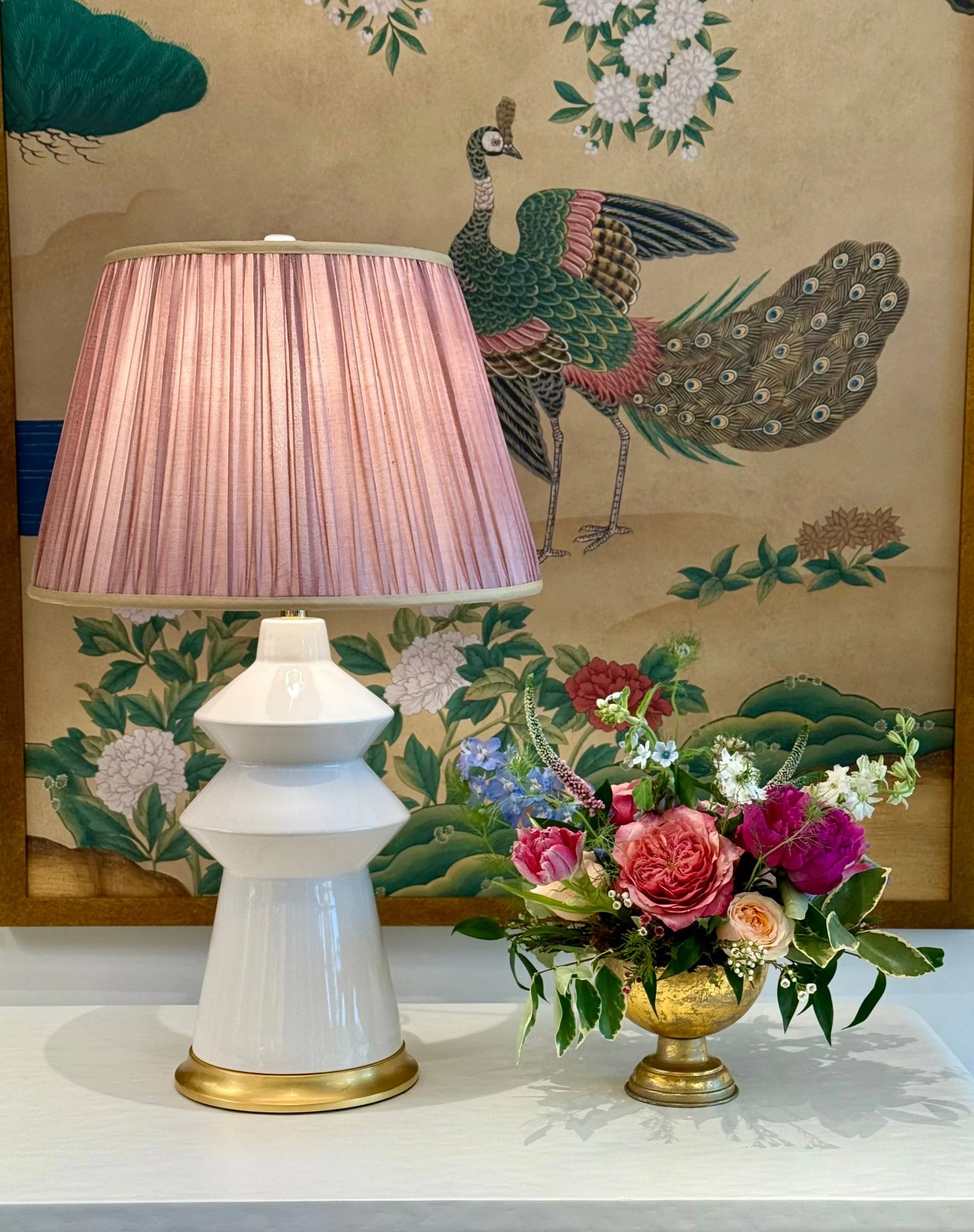 Pink sari lampshade with gold silk trim on Hwang Bishop Malibu lamp