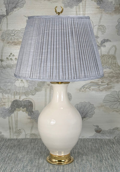 Polished Brass Open Wreath lamp finial styled with a Fermoie strie lampshade on a Paul Schneider Athens ceramic lamp