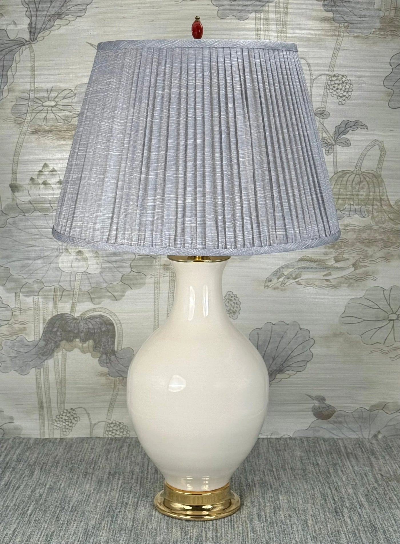 Pomegranate Bead lamp finial styled with a Fermoie strie lampshade on a Paul Schneider Athens ceramic lamp