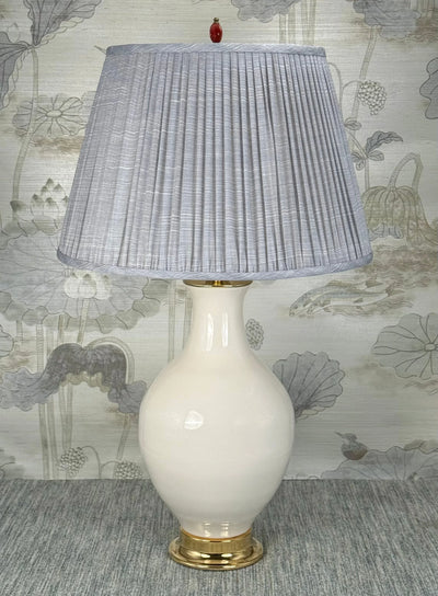 Pomegranate Bead lamp finial styled with a Fermoie strie lampshade on a Paul Schneider Athens ceramic lamp