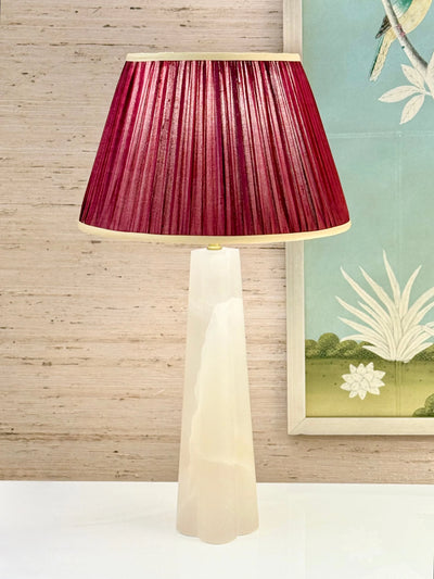 Raspberry Sari Lampshade with Champagne Silk Trim on Quatrefoil Alabaster Table Lamp