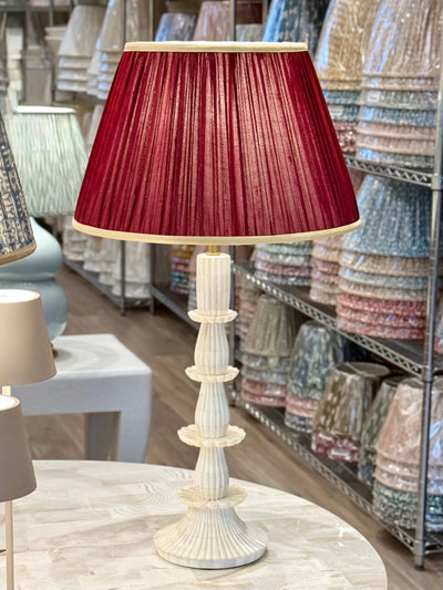 Raspberry Sari Lampshade with Champagne Silk Trim on Bone table lamp