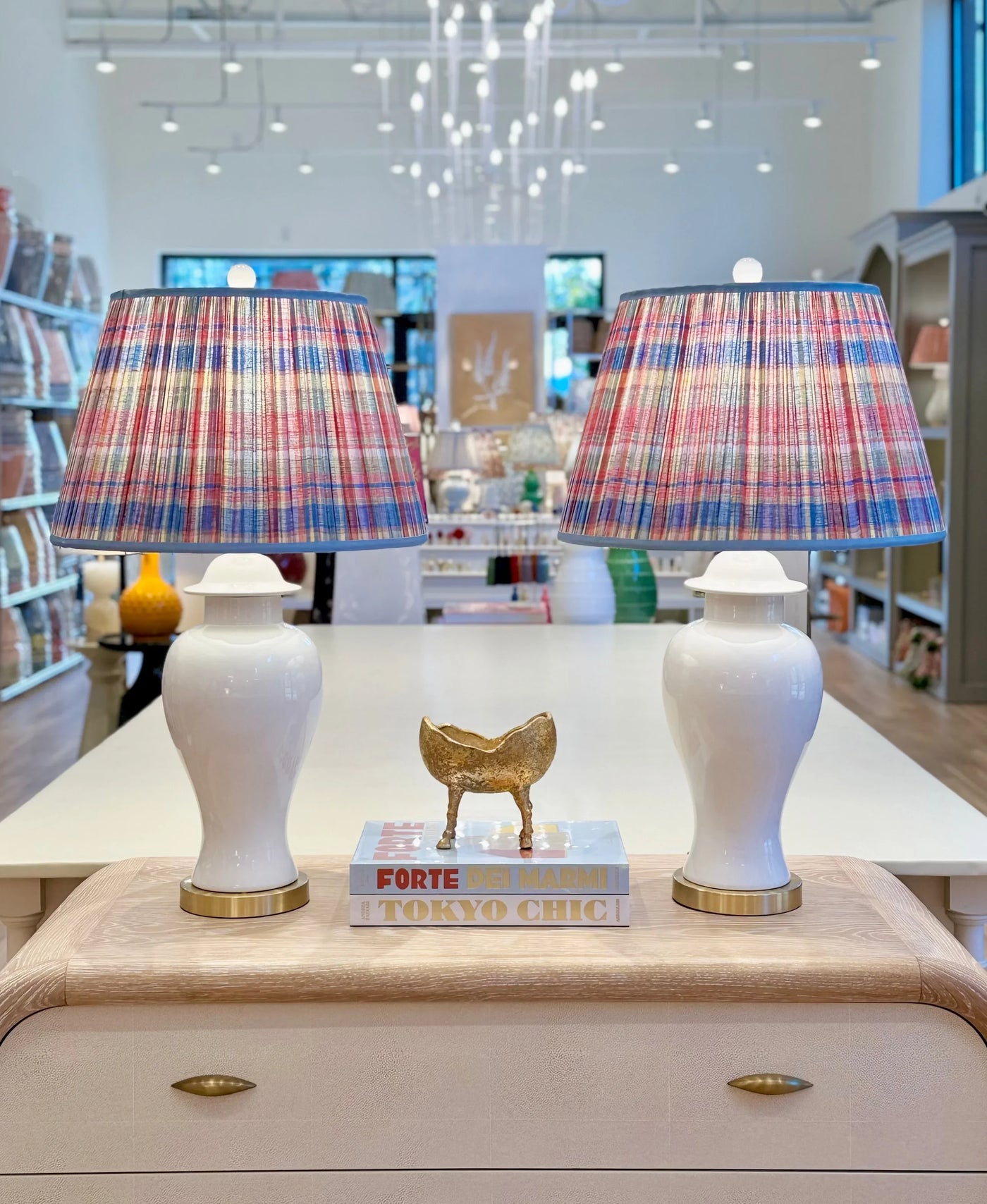 Vignette photo Red, Blue, Yellow & Green Plaid Lampshade with Grosgrain Trim on white lamp with gold base