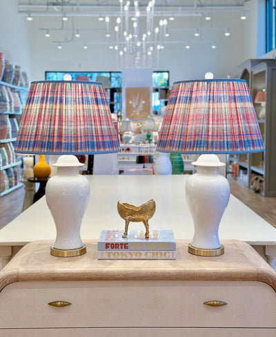 Vignette photo Red, Blue, Yellow & Green Plaid Lampshade with Grosgrain Trim on white lamp with gold base