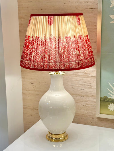 Red & Gold Sari Lampshade with Red Silk Trim on white Paul Schneider athens lamp