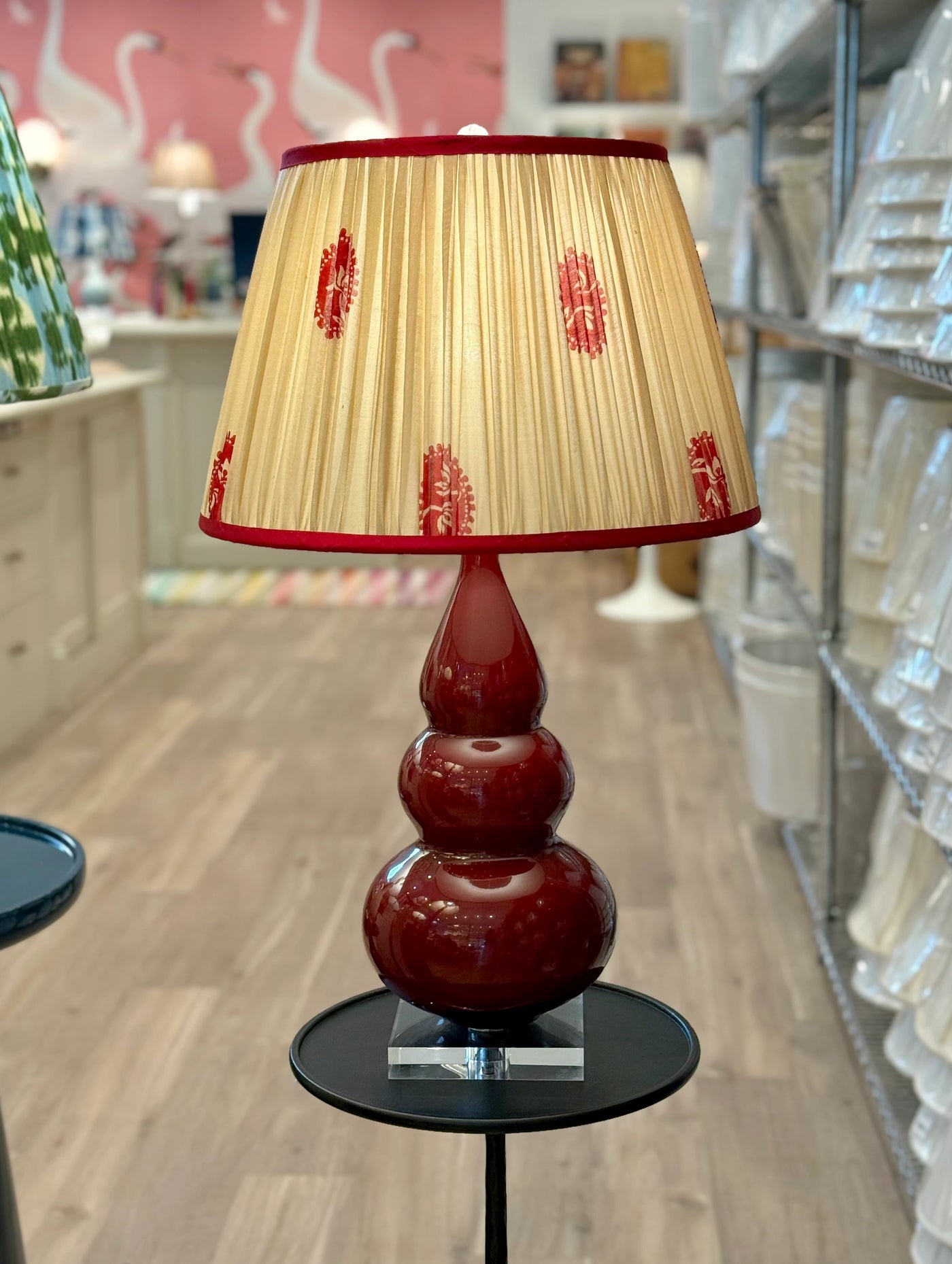 Red & Gold Sari Lampshade with Red Silk Trim on Small Triple Gourd Accent Lamp in Sangria