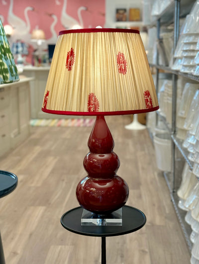 Red & Gold Sari Lampshade with Red Silk Trim on Small Triple Gourd Accent Lamp in Sangria