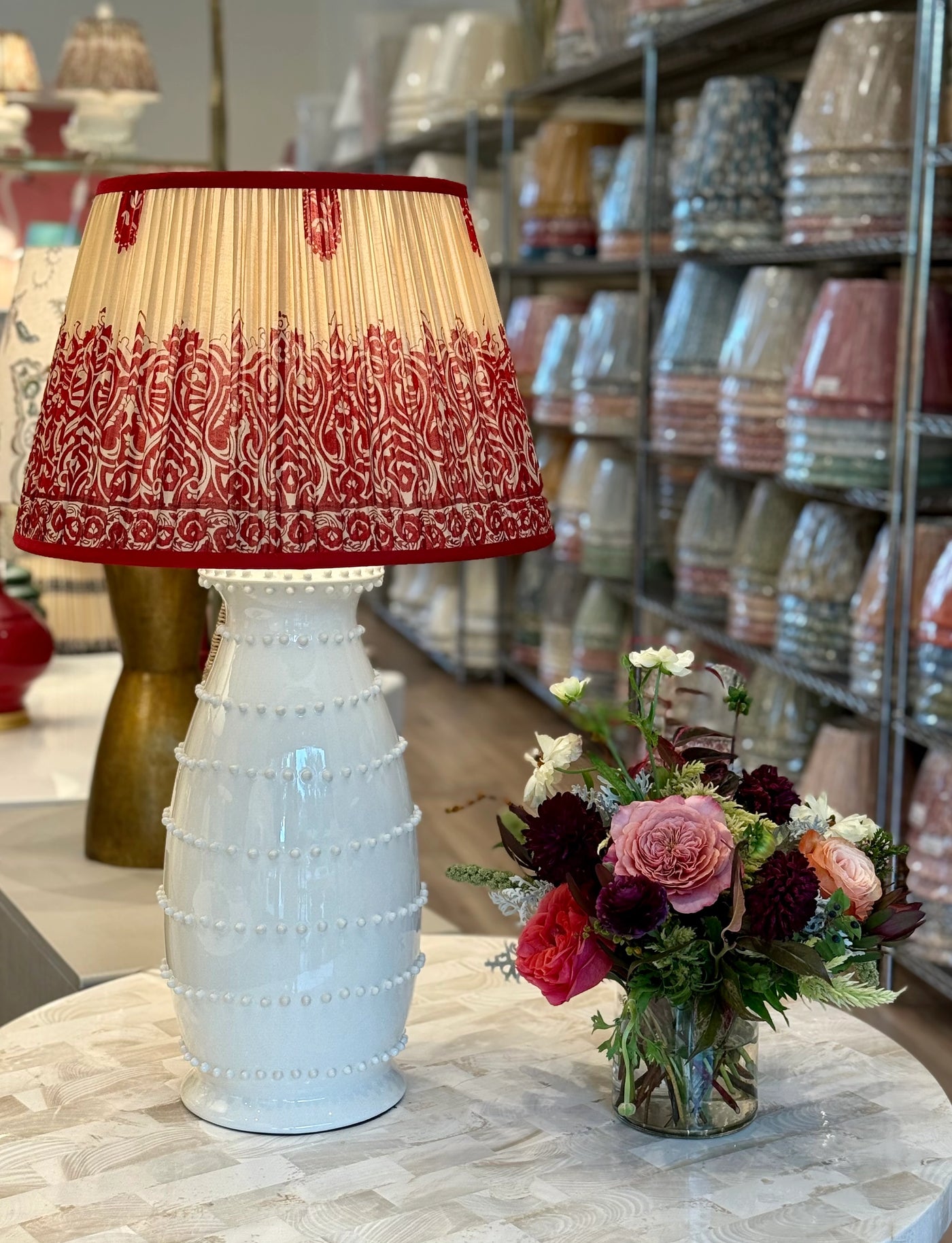 Red & Gold Sari Lampshade with Red Silk Trim on Spitzy Ceramic Table Lamp
