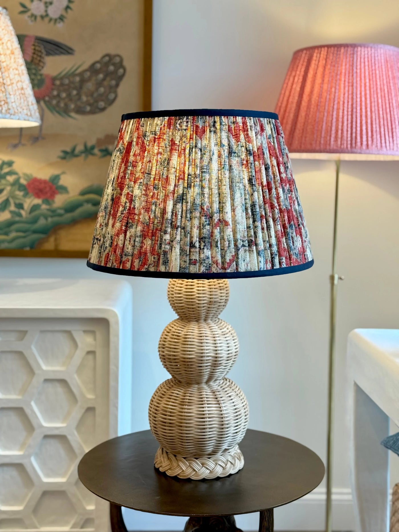 Red, Navy & Taupe Ikat Lampshade with Navy Trim 