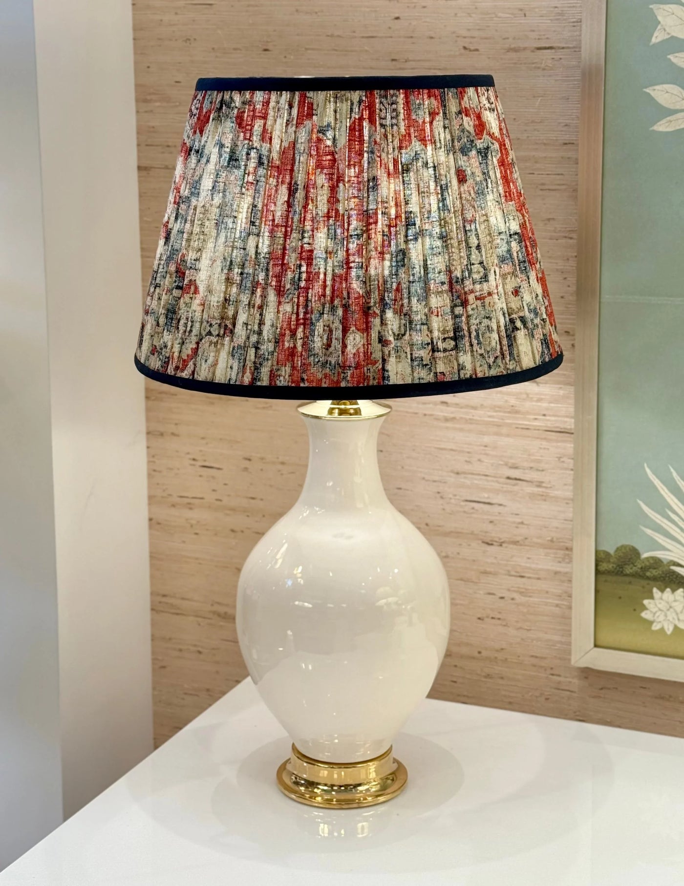 Red, Navy & Taupe Ikat Lampshade with Navy Trim on white athens lamp