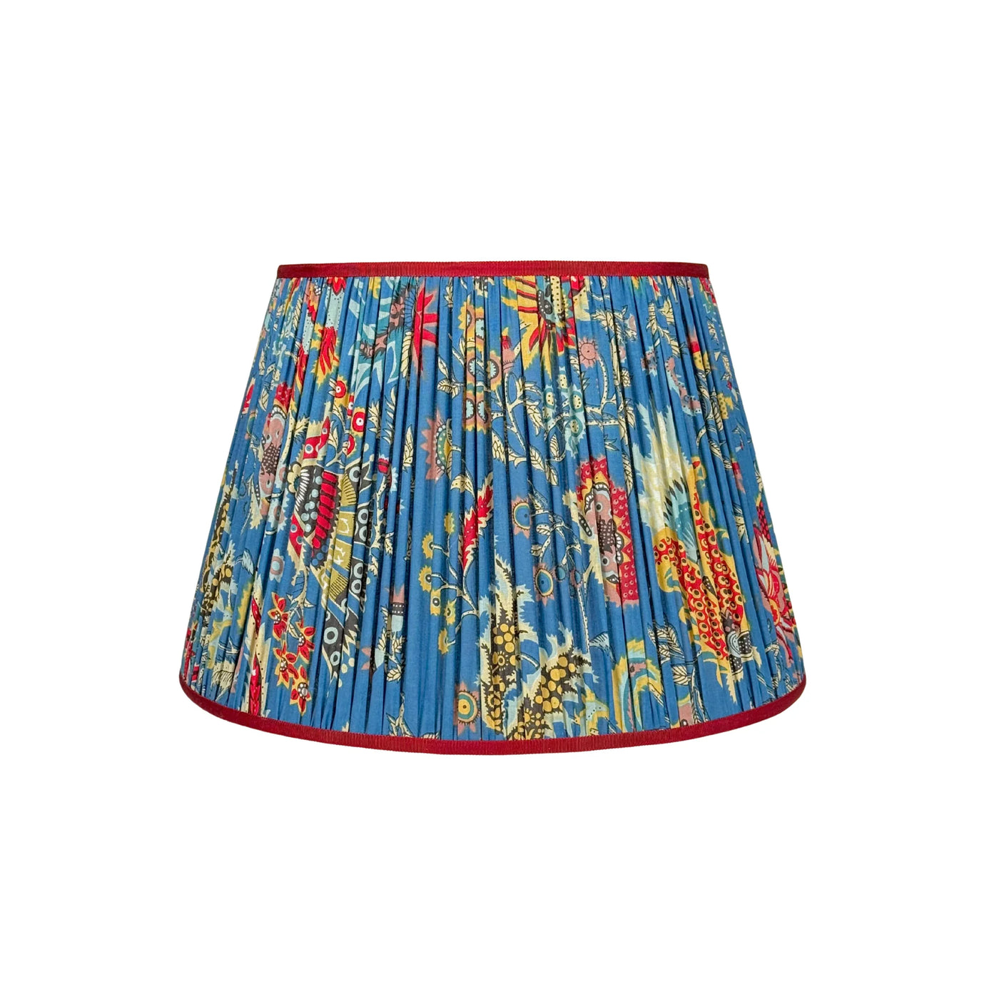 Red & Yellow Flower on Blue Block Print Lampshade with Grosgrain Trim