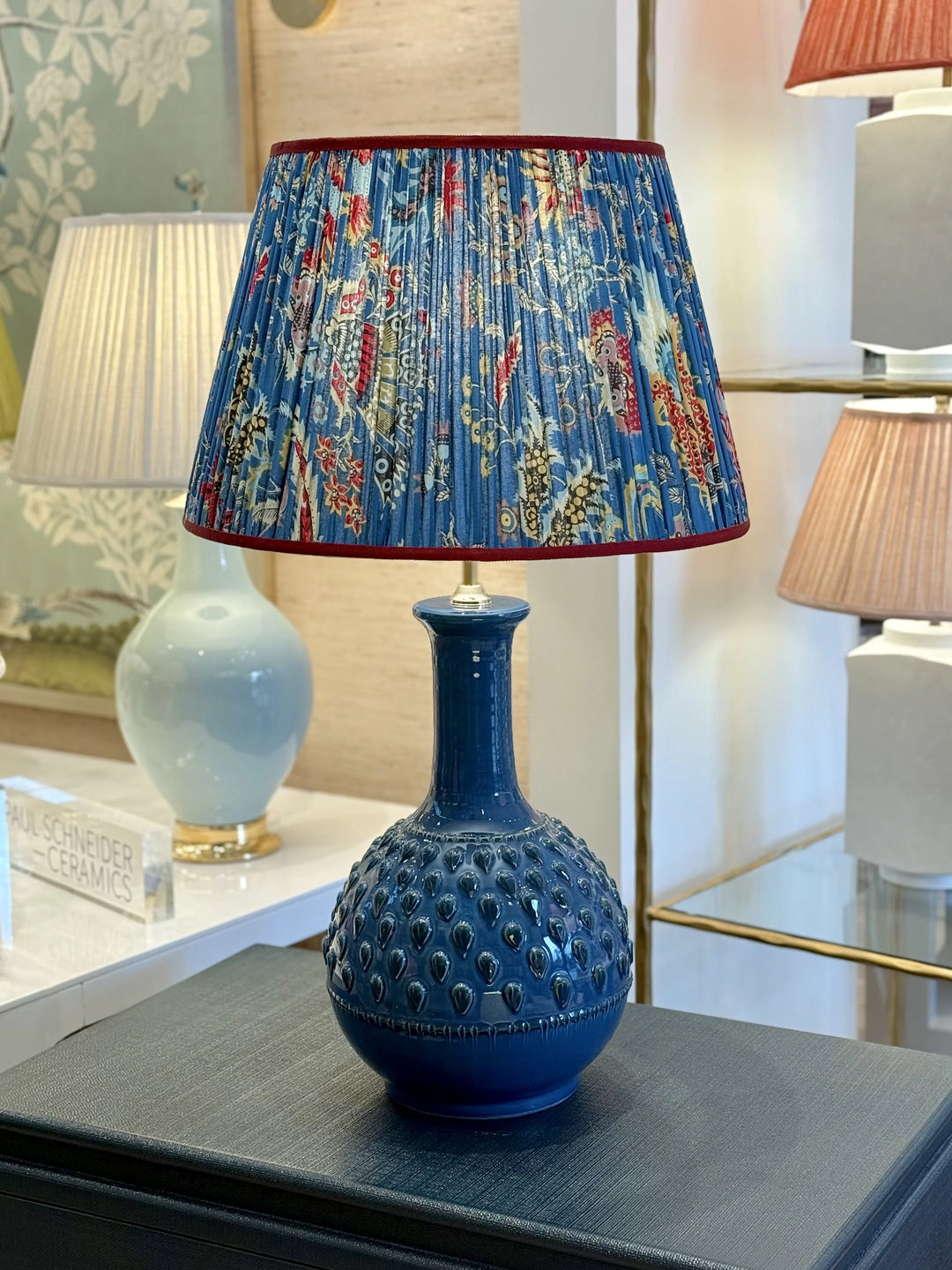 Red & Yellow Flower on Blue Block Print Lampshade with Grosgrain Trim
