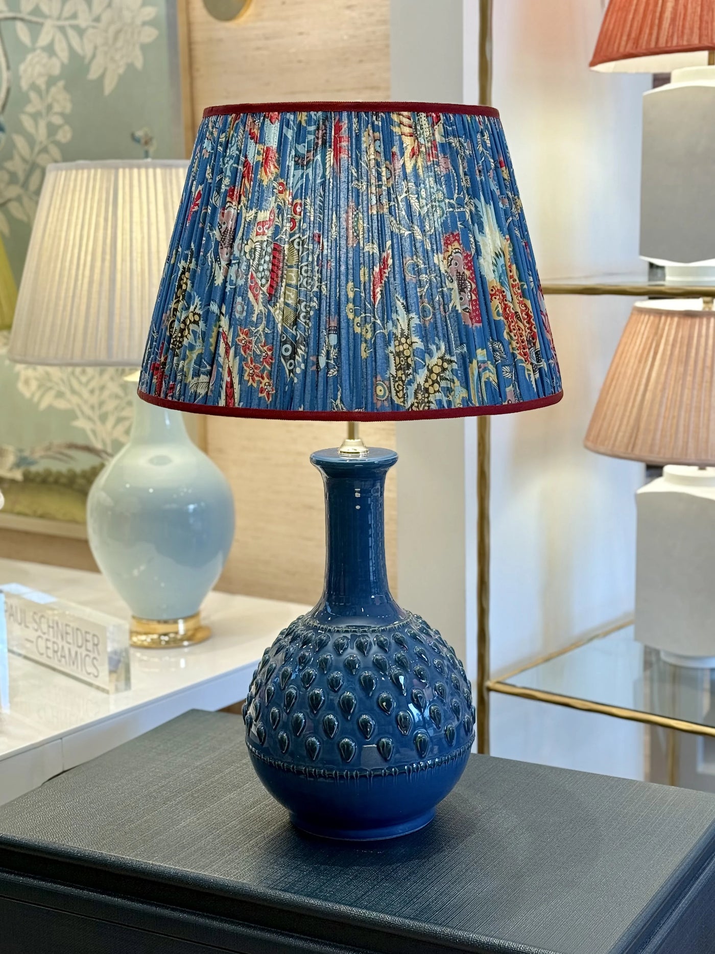 Red & Yellow Flower on Blue Block Print Lampshade with Grosgrain Trim