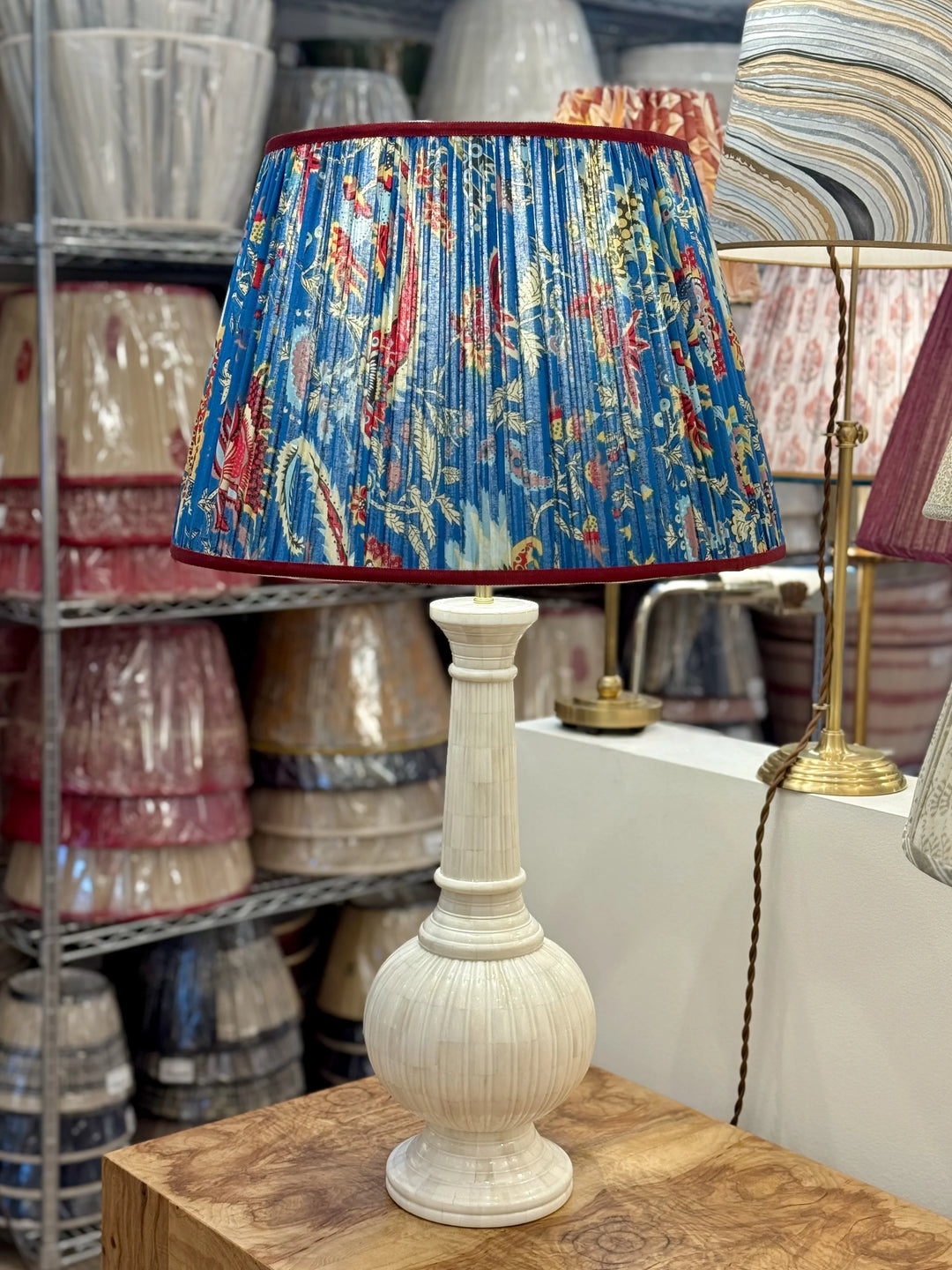 Red & Yellow Flower on Blue Block Print Lampshade with Grosgrain Trim