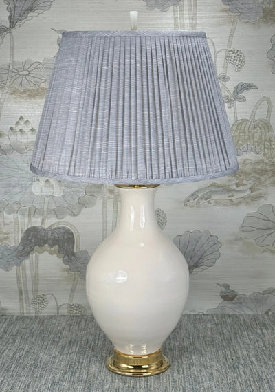 Rock Quartz Cylinder lamp finial styled with a Fermoie strie lampshade on a Paul Schneider Athens ceramic lamp.